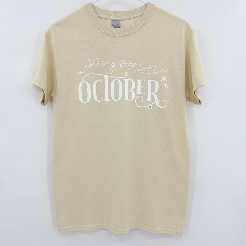 Gildan‎ Nothing Better Then October Heavy Cotton Beige Fall T-Shirt Size Small